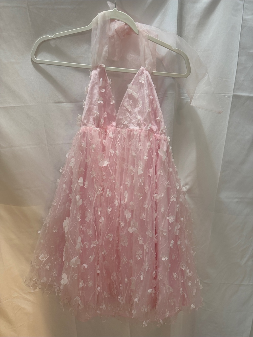 Blush Pink Halter Mini Dress with 3D Floral Detail